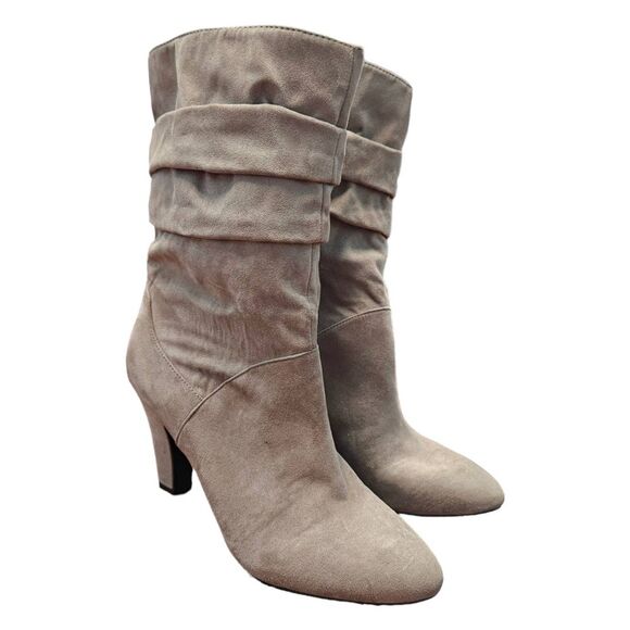 Nine West Shoes - Nine West Taupe Tan Heeled Ankle Boots 9 Slouch Faux Suede